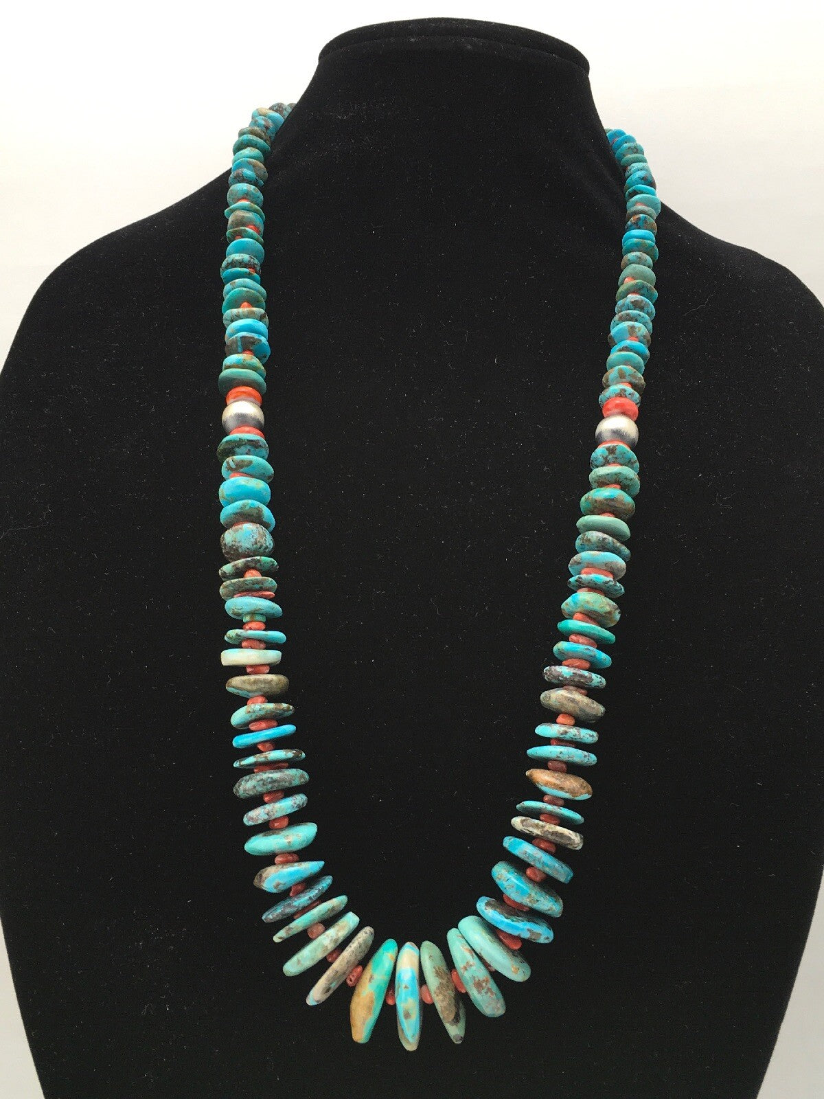 Turquoise & Spiny Oyster Graduated Navajo Sterling Silver Necklace 29" 04362