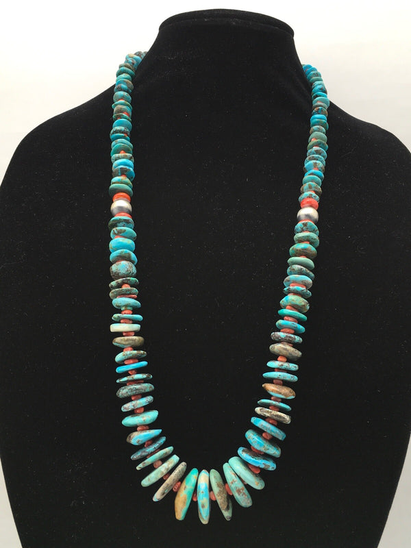 Turquoise Spiny Oyster Graduated Navajo Necklace 29" | Sterling Silver | Authentic Native American Handmade | 04362