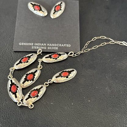 Old Native Navajo Red Coral Sterling Silver Shadowbox Necklace Earrings 18”19102