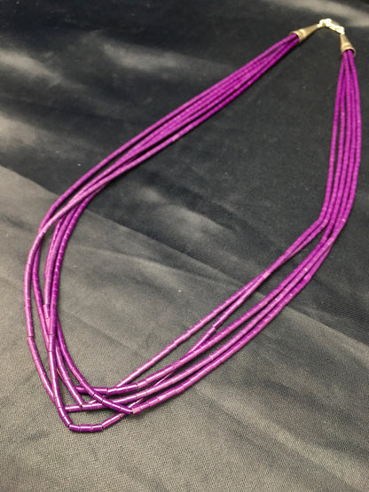 Purple Tube Heishi Stabilized 5 Strand Navajo Sterling Silver Necklace 02505