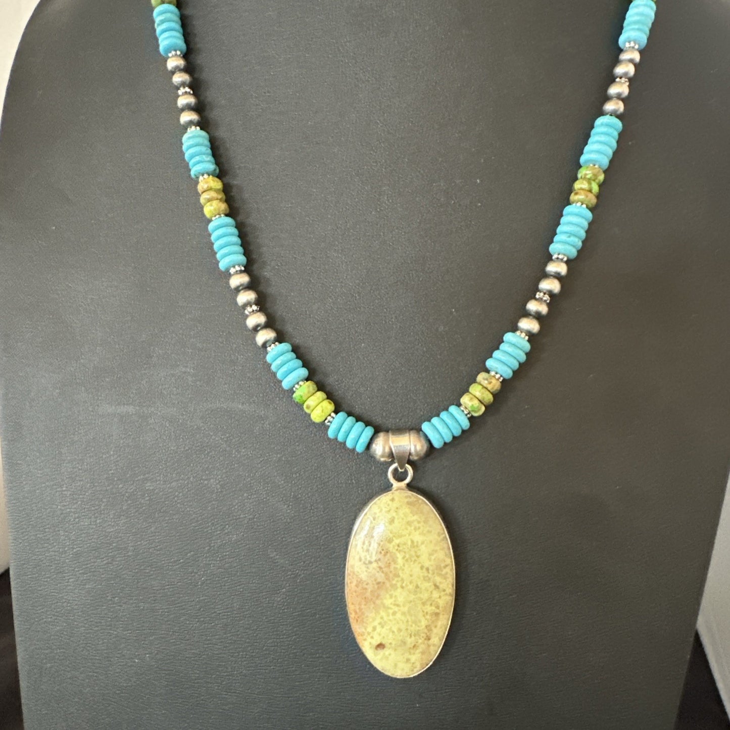 Green Gaspeite Pendant Blue Turquoise Navajo Sterling Silver Necklace 20" 19671
