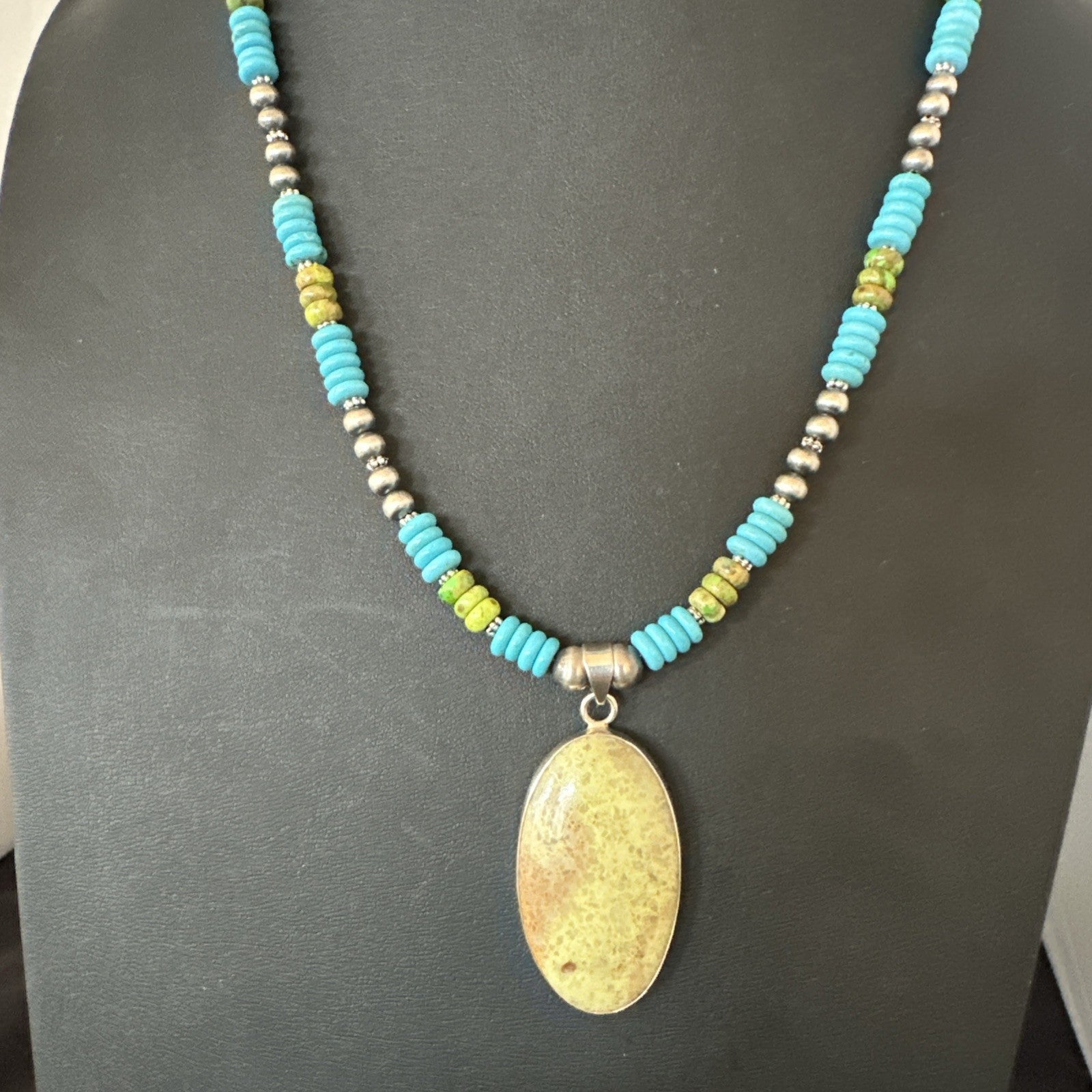 Green Gaspeite Pendant Blue Turquoise Navajo Sterling Silver Necklace 20" 19671