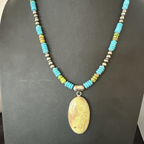Green Gaspeite Pendant Blue Turquoise Navajo Necklace 20" | Sterling Silver | Authentic Native American Handmade | 19671