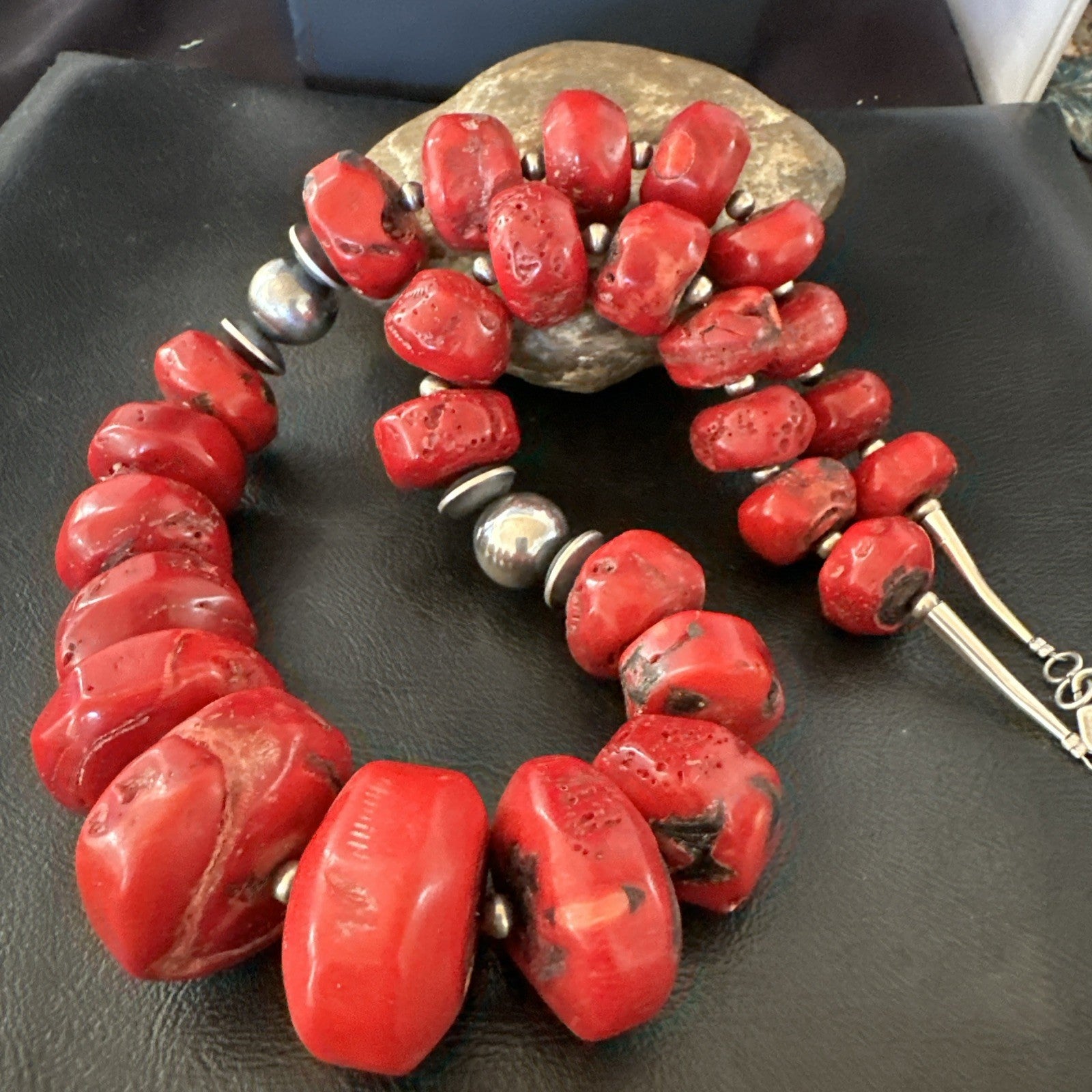Chunky Navajo Red Bamboo Coral Sterling Silver Bead Necklace 24” Graduated 19530
