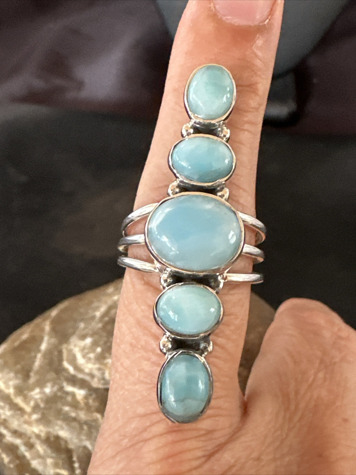 WoMens Cluster Blue Larimar Navajo Sterling Silver Ring Size 8.5 17677