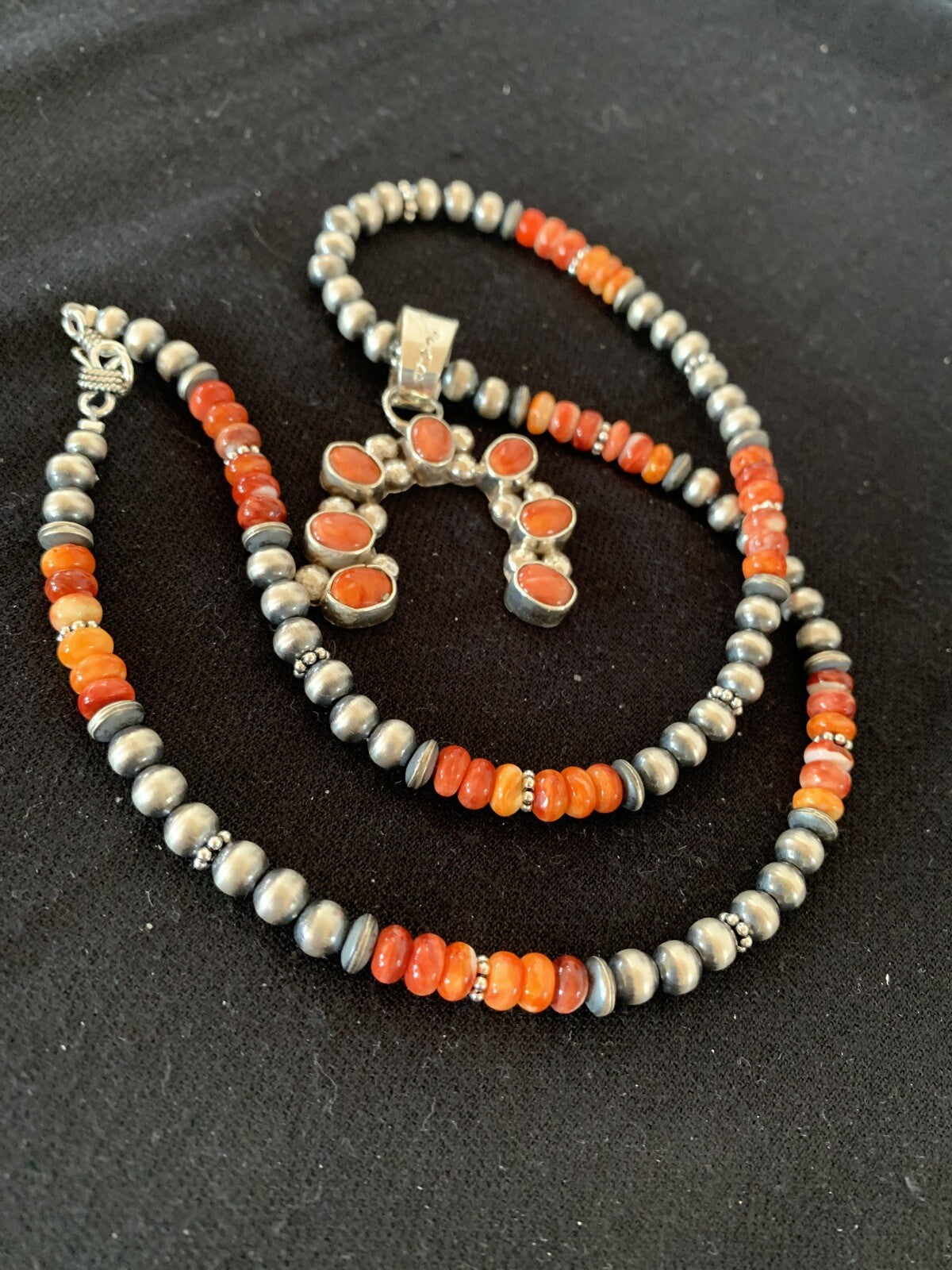 Red Spiny Oyster Naja Pendant Navajo Pearls Sterling Silver Necklace 00284