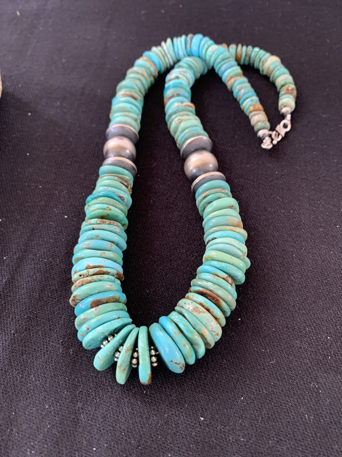 Blue Turquoise Graduated Navajo Pearls Sterling Silver Necklace 00248