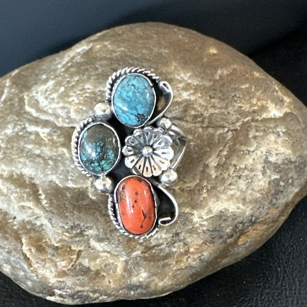 Multicolor Ring Turquoise Coral Spiny Navajo Cluster Sz 10 | Sterling Silver | Authentic Native American Handmade | 19194