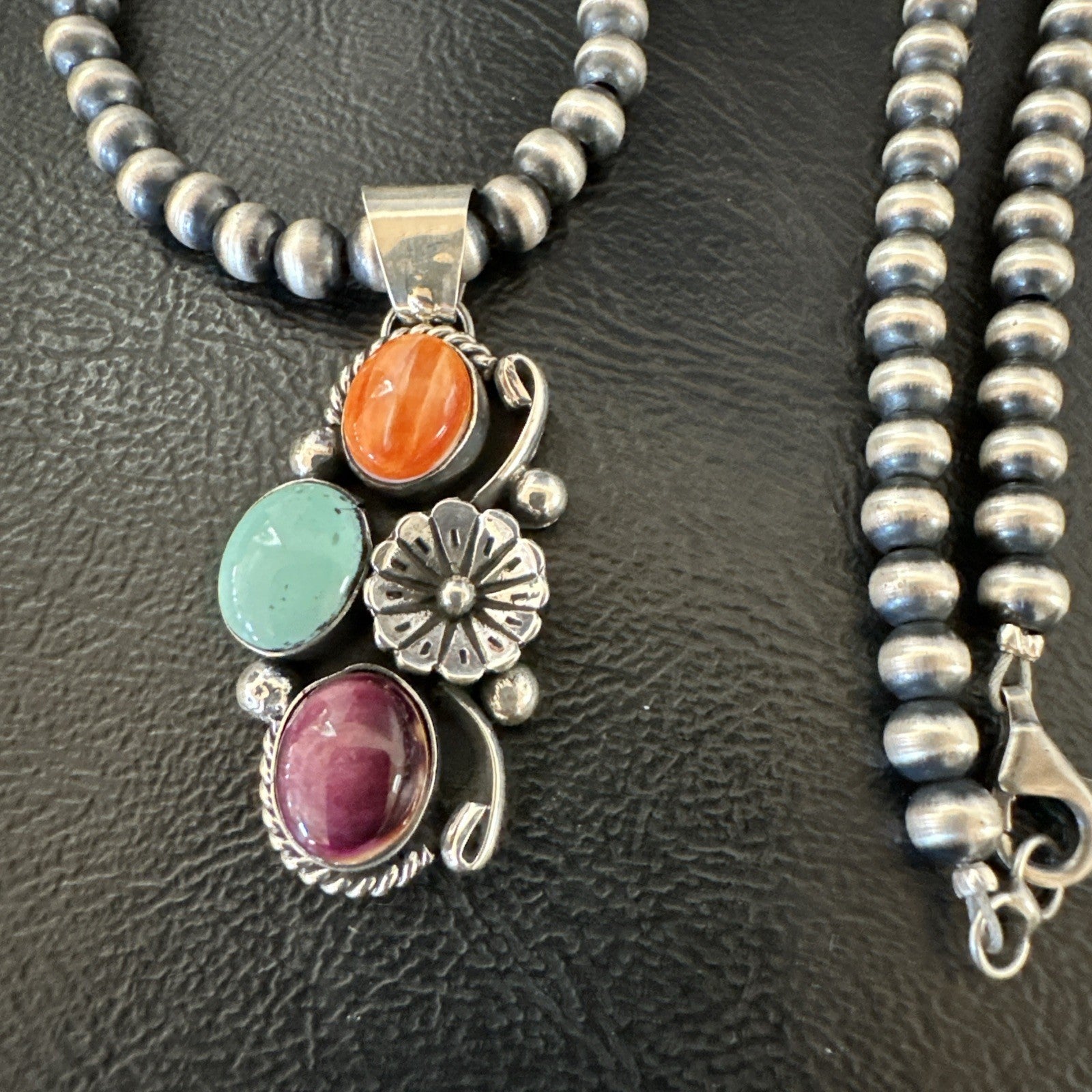 Multicolor Turquoise Spiny Navajo Sterling Silver Cluster Pendant Necklace 19311
