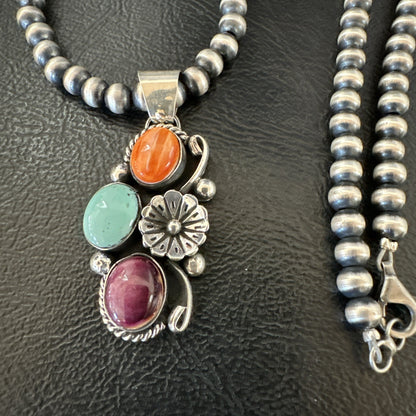 Multicolor Turquoise Spiny Navajo Sterling Silver Cluster Pendant Necklace 19311