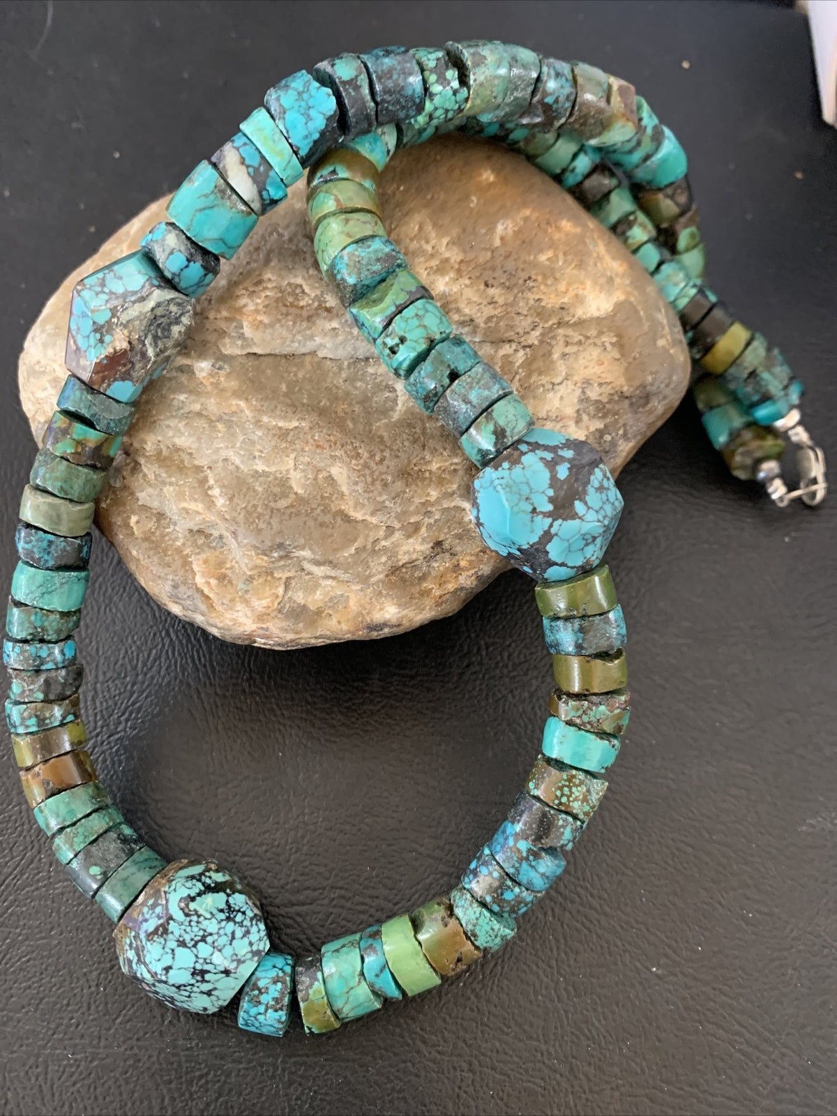 Men Chunky Spiderweb Turquoise Heishi Navajo Sterling Silver Necklace 21” 124504