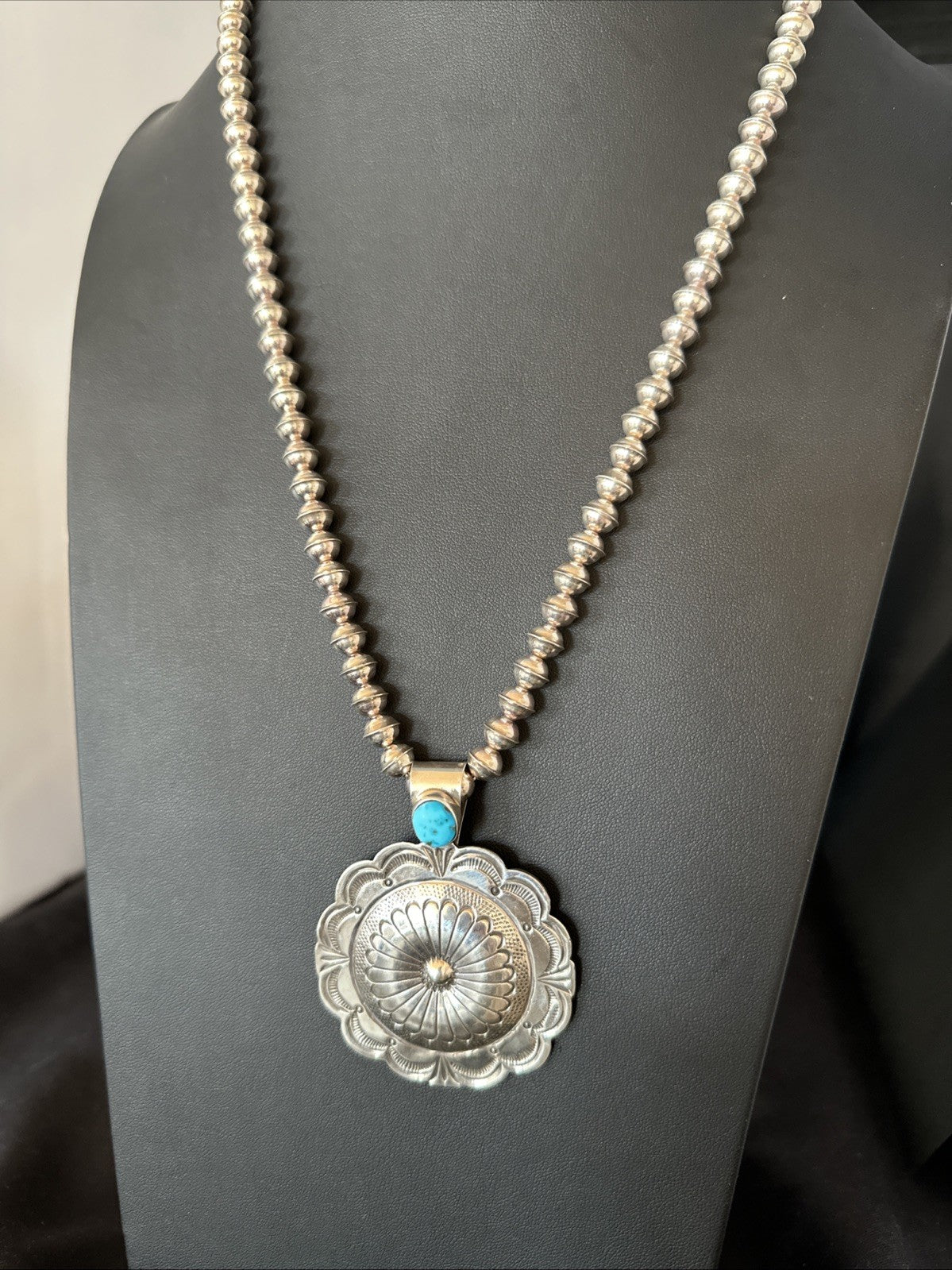 H Joe Navajo Sterling Silver Pendant Blue Kingman Turquoise Necklace 25”19443