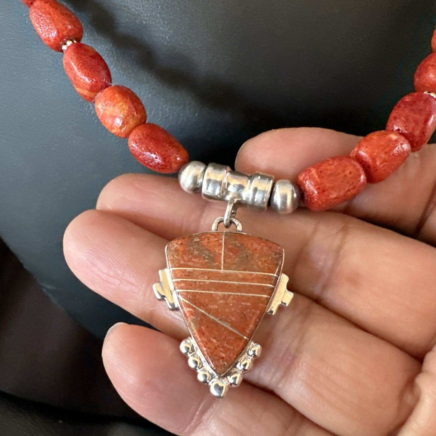 Navajo Apple Sponge Coral Sterling Silver Necklace Inlay Pendant 21” 18685