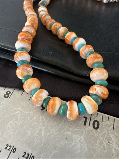 Orange Spiny Oyster Turquoise Navajo Sterling Silver Beads 22” Necklace 19164