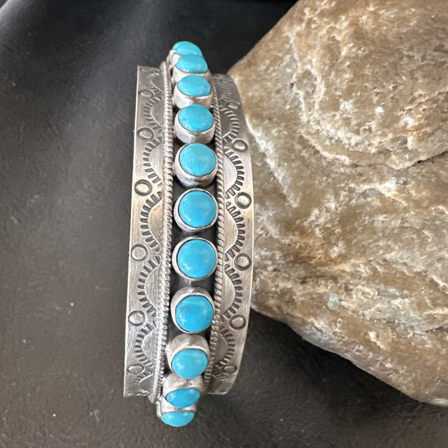 Mens Womens Kingman Turquoise Navajo Sterling Silver Cluster Cuff Bracelet 18865