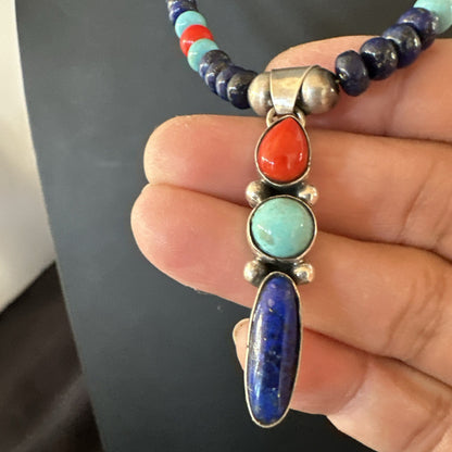 Multicolor Turquoise Spiny Navajo Sterling Silver Cluster Pendant Necklace 19647