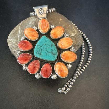XL Turquoise Orange Spiny Cluster Pendant Navajo Sterling Silver Necklace 18400