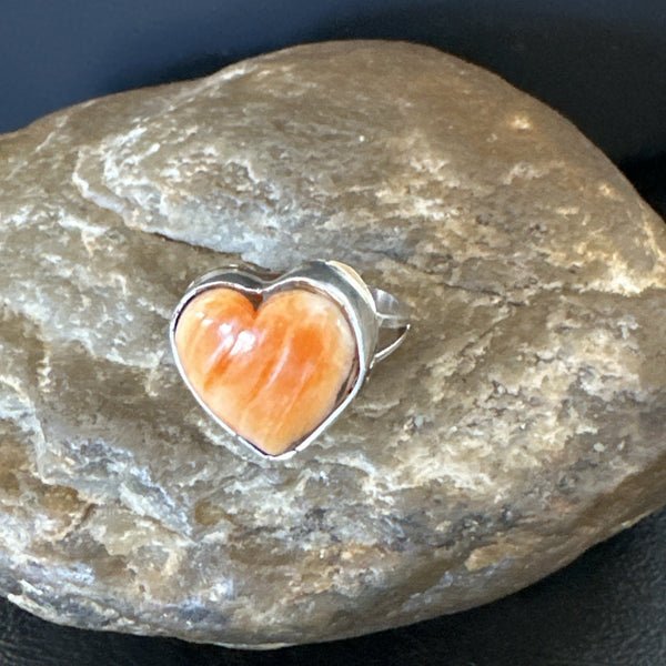 Orange Heart Ring Handmade Navajo Spiny Oyster Sz 7.5 | Sterling Silver | Authentic Native American Handmade | 19331
