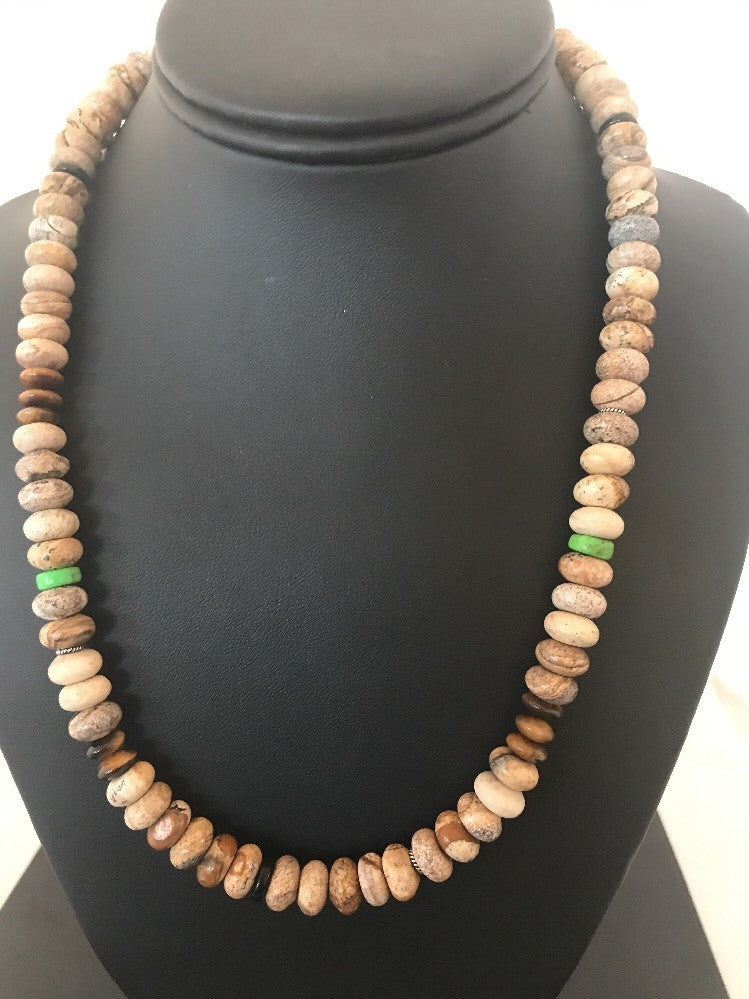 Turquoise Picture Jasper 10 mm Beads Mens Navajo Sterling Silver Necklace 03369