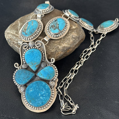 XXL Vintage Kingman Turquoise Navajo Sterling Silver Lariat Necklace 33” 19632
