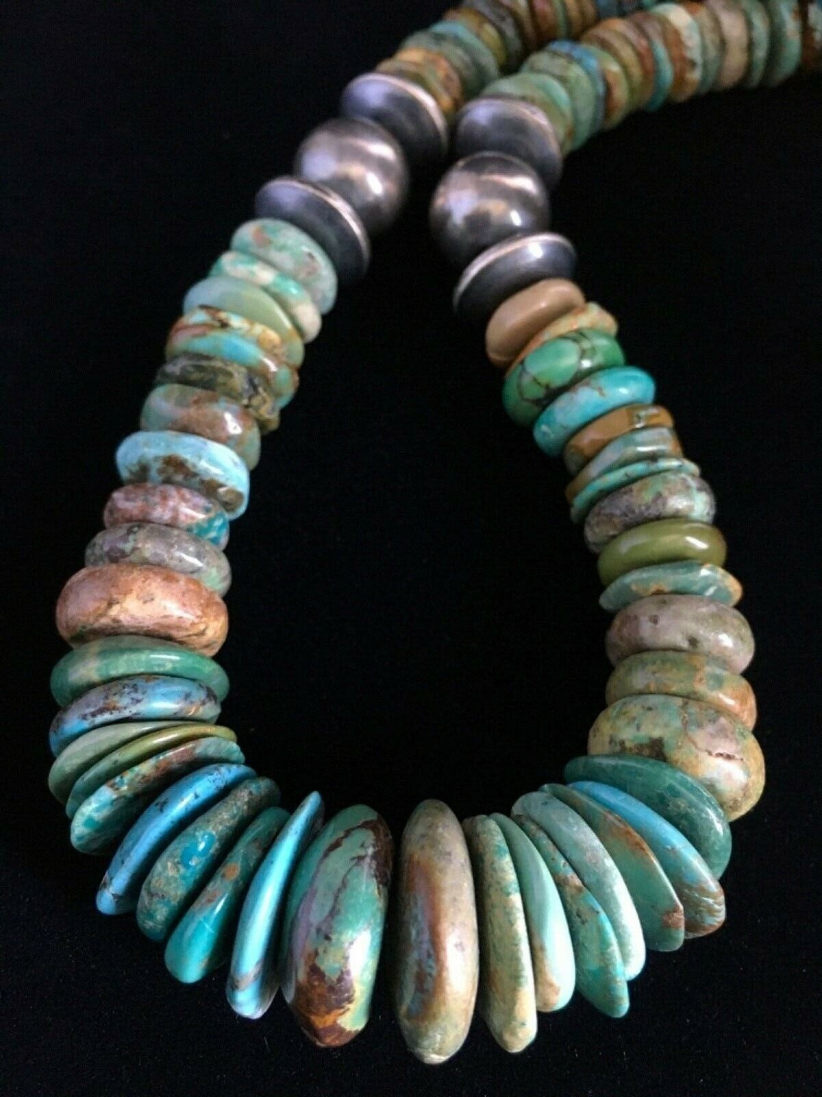 Mens Green Turquoise Graduated Navajo Sterling Silver Necklace 20" 01750
