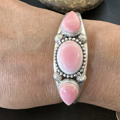 Navajo Pink Conch 3 Stone Sterling Silver Cuff Bracelet 18851