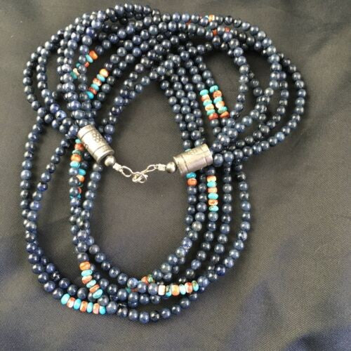 Navajo Dumortierite Turquoise Necklace 5 Strand Sterling Silver 21" 10243