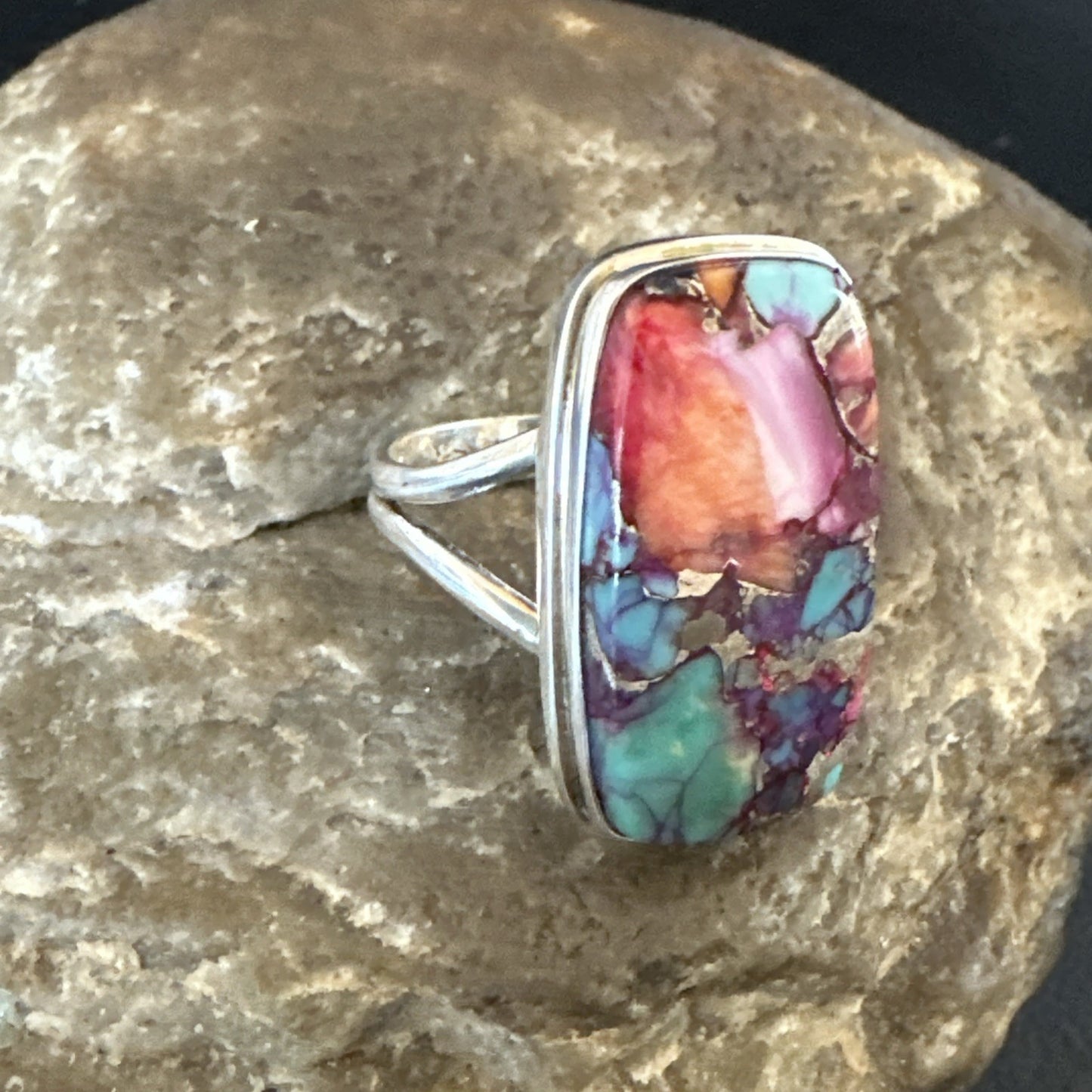 Blue Turquoise Spiny Oyster Southwestern Sterling Silver Ring Size 11 19058
