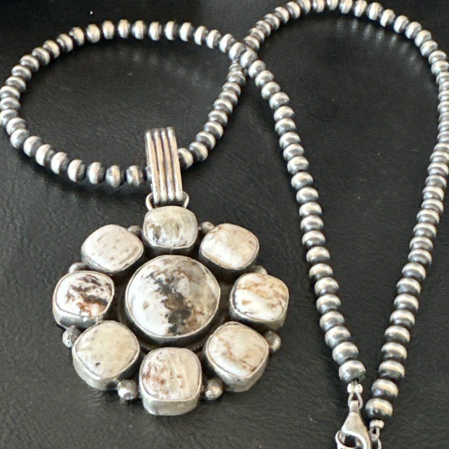 White Buffalo Turquoise Cluster Pendant Navajo Sterling Silver Necklace 19271