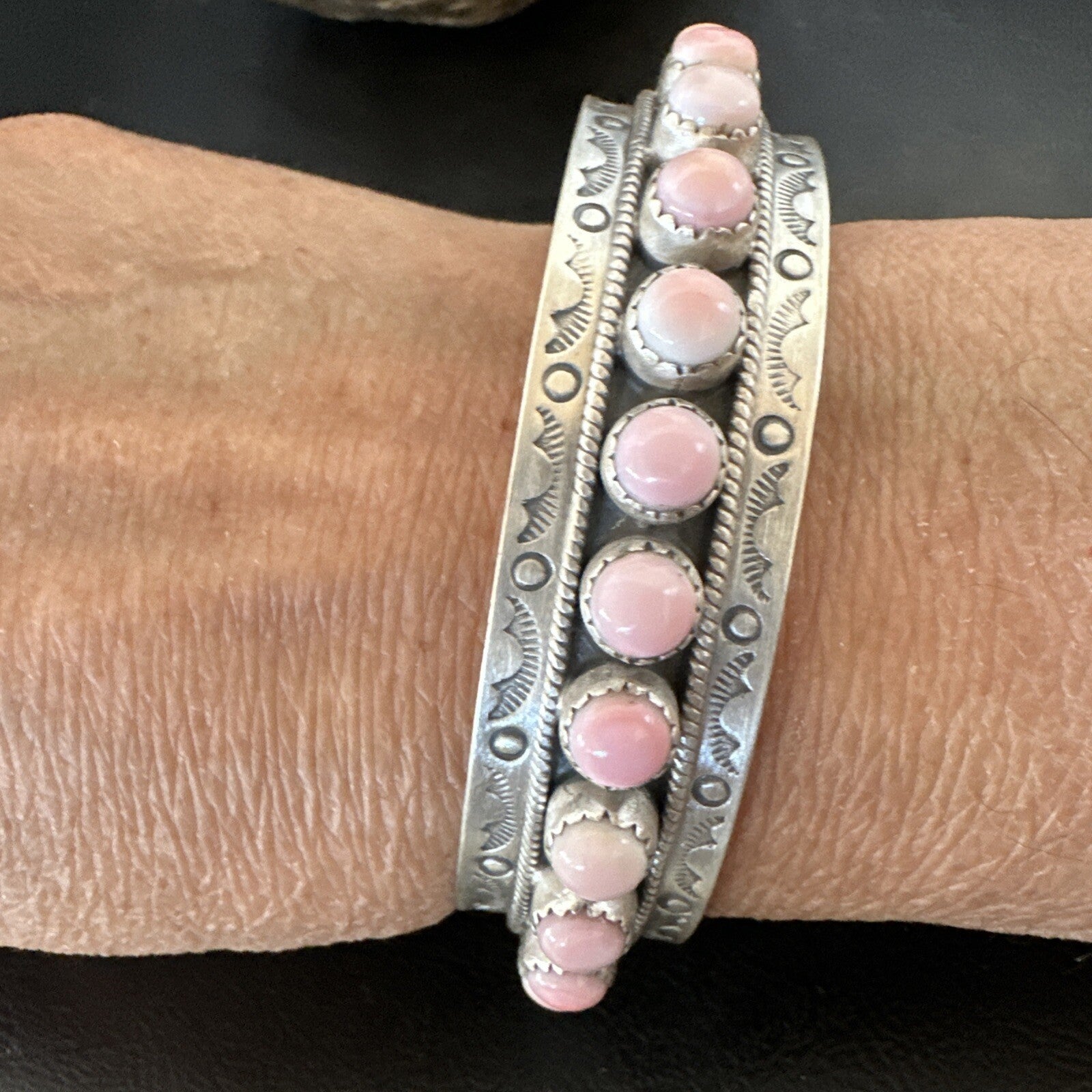Navajo Pink Conch Cluster Sterling Silver Cuff Bracelet 18854
