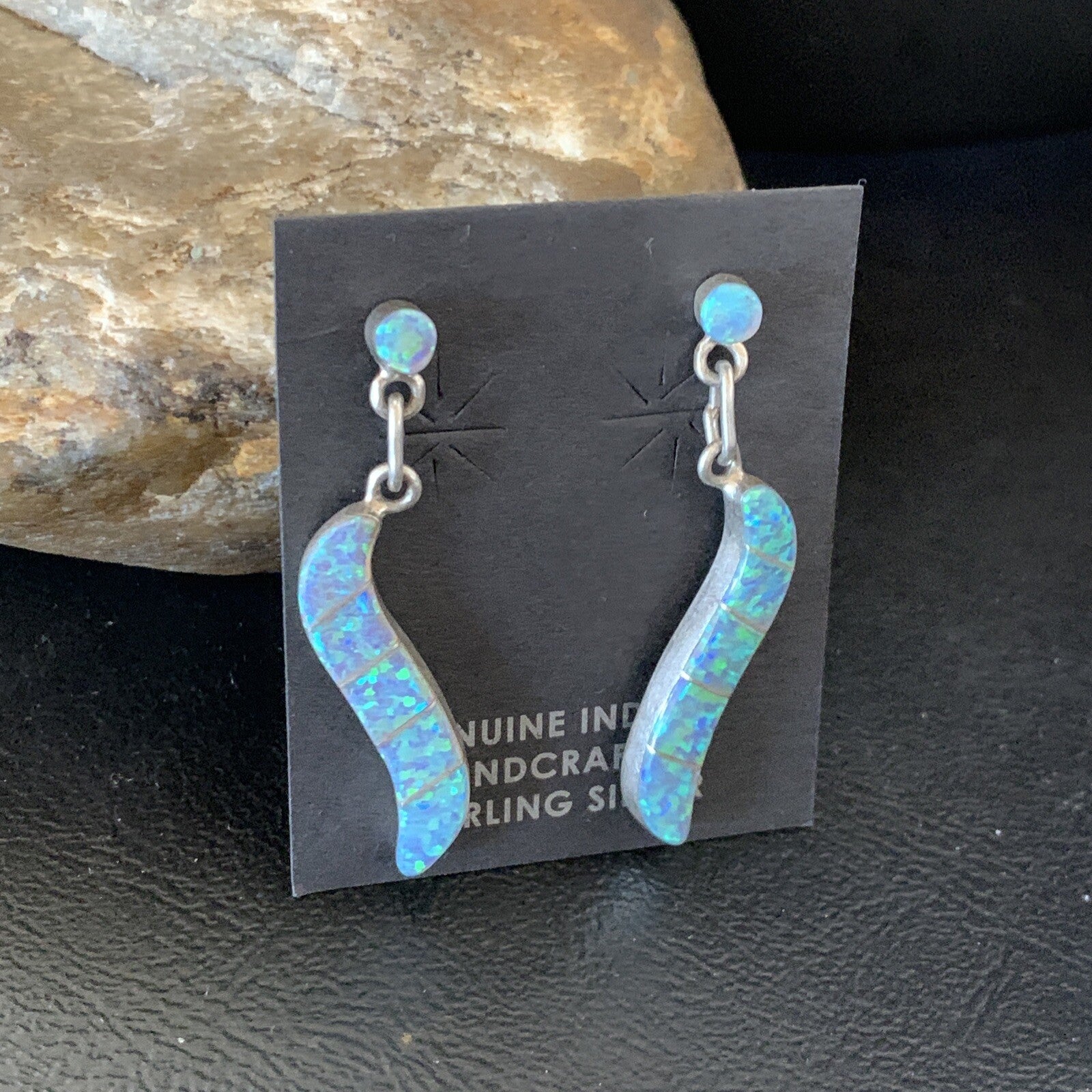 Womens Blue Opal Inlay Navajo Sterling Silver Dangle Post Earrings 12774