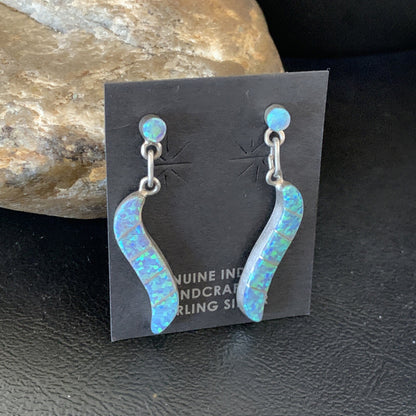Womens Blue Opal Inlay Navajo Sterling Silver Dangle Post Earrings 12774
