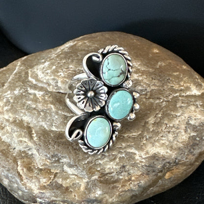 Yazzie Ring Green Turquoise Navajo Sterling Silver Cluster Size 8 19207
