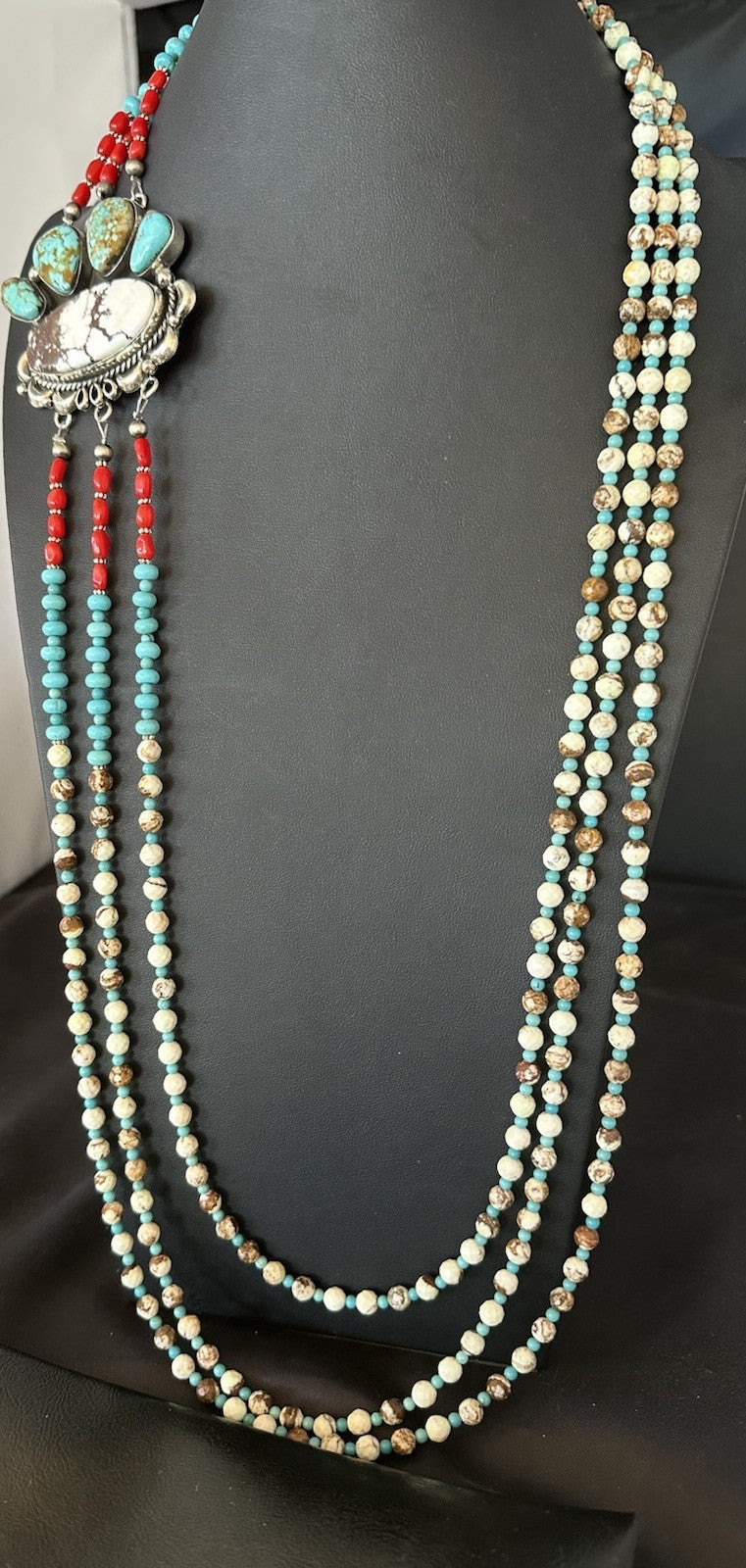 XL Statement Wild Horse Turquoise#8 Navajo 3S Sterling Silver Necklace 34” 19674