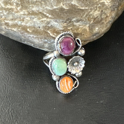 Multicolor Ring Turquoise Spiny Navajo Sterling Silver Cluster Size 9 19173