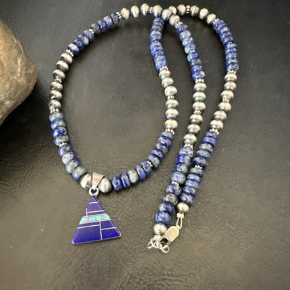 Blue~Lapis~Pendant~Navajo~Pearls~Sterling~Silver~Necklace~ 22”~18743