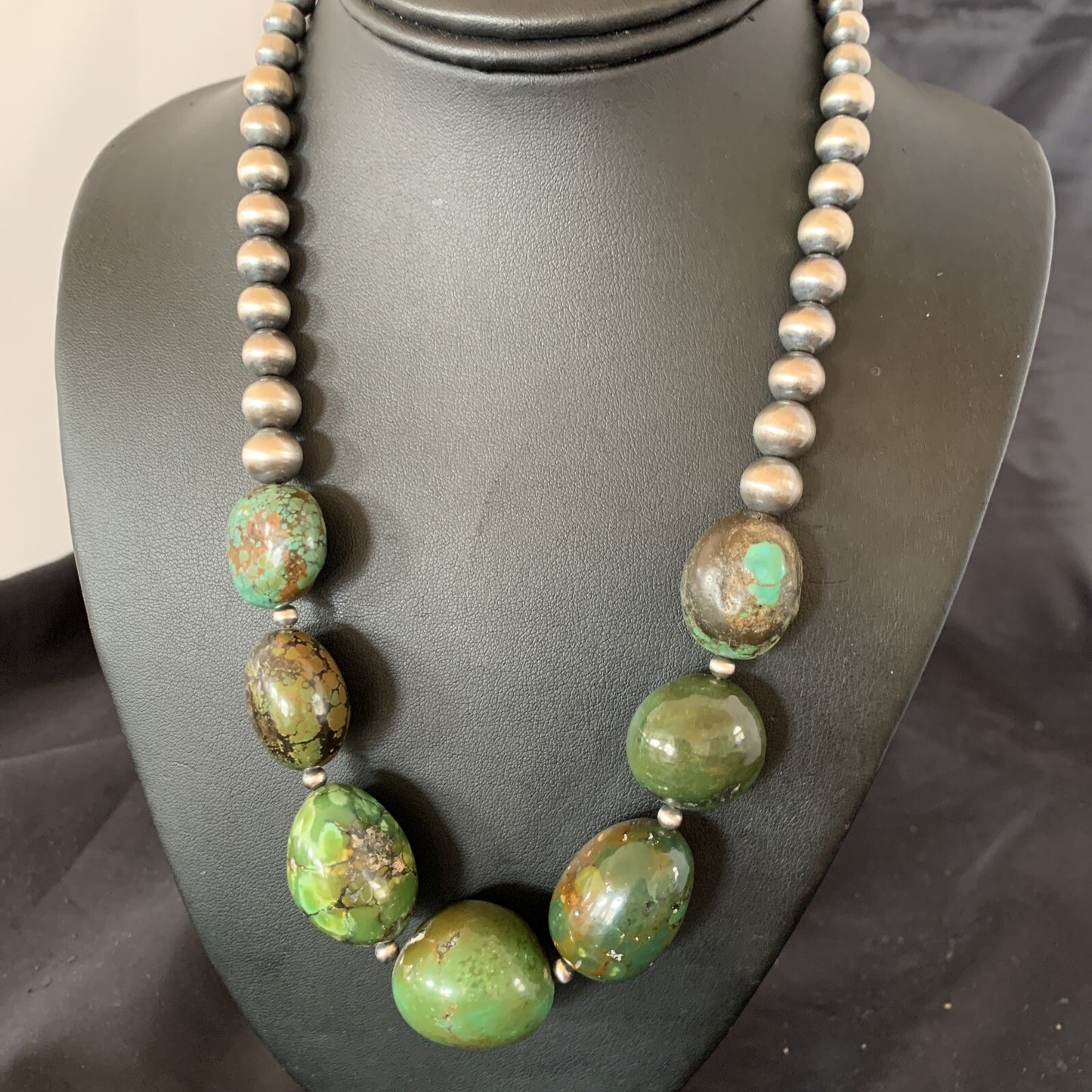 Chunky Navajo Spider Web Green Turquoise Sterling Silver Necklace 20" 11762