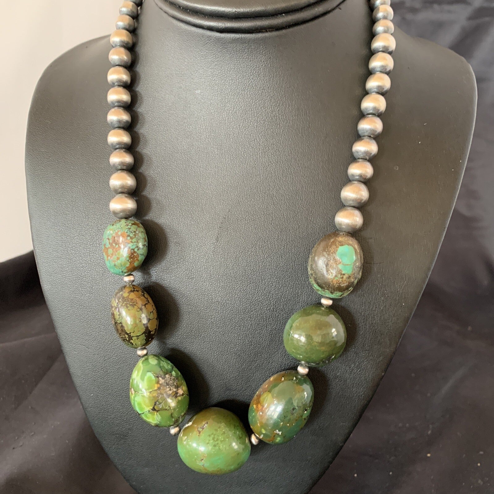 Chunky Navajo Spider Web Green Turquoise Sterling Silver Necklace 20" 11762