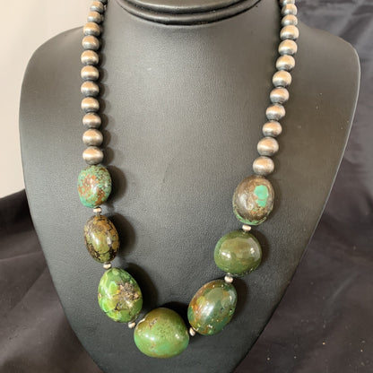 Chunky Navajo Spider Web Green Turquoise Sterling Silver Necklace 20" 11762