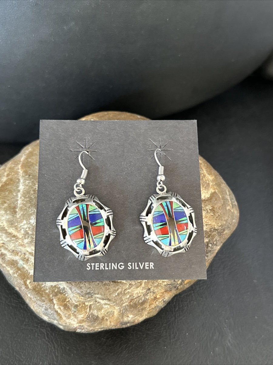 Blue Turquoise & Spiny Oyster Navajo Sterling Silver Inlay Earrings 1” 14763