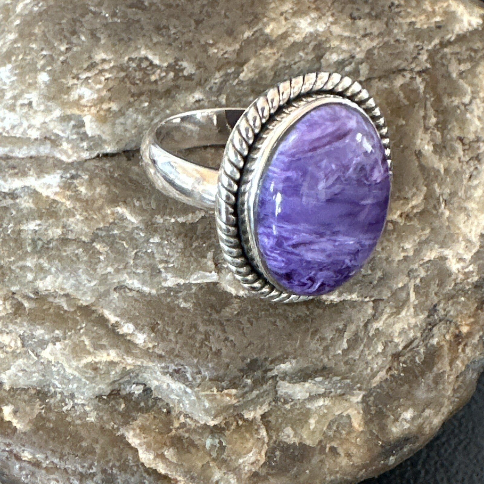 Womens Purple Charoite Navajo Sterling Silver Oval Ring Adjustable Size 9 17247