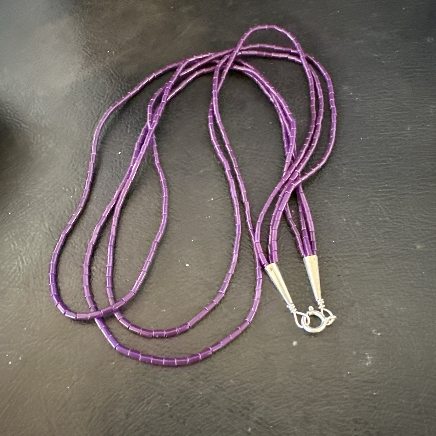 Purple Stone Heishi Bead Stabilized 3 Strand Sterling Silver Necklace 19702