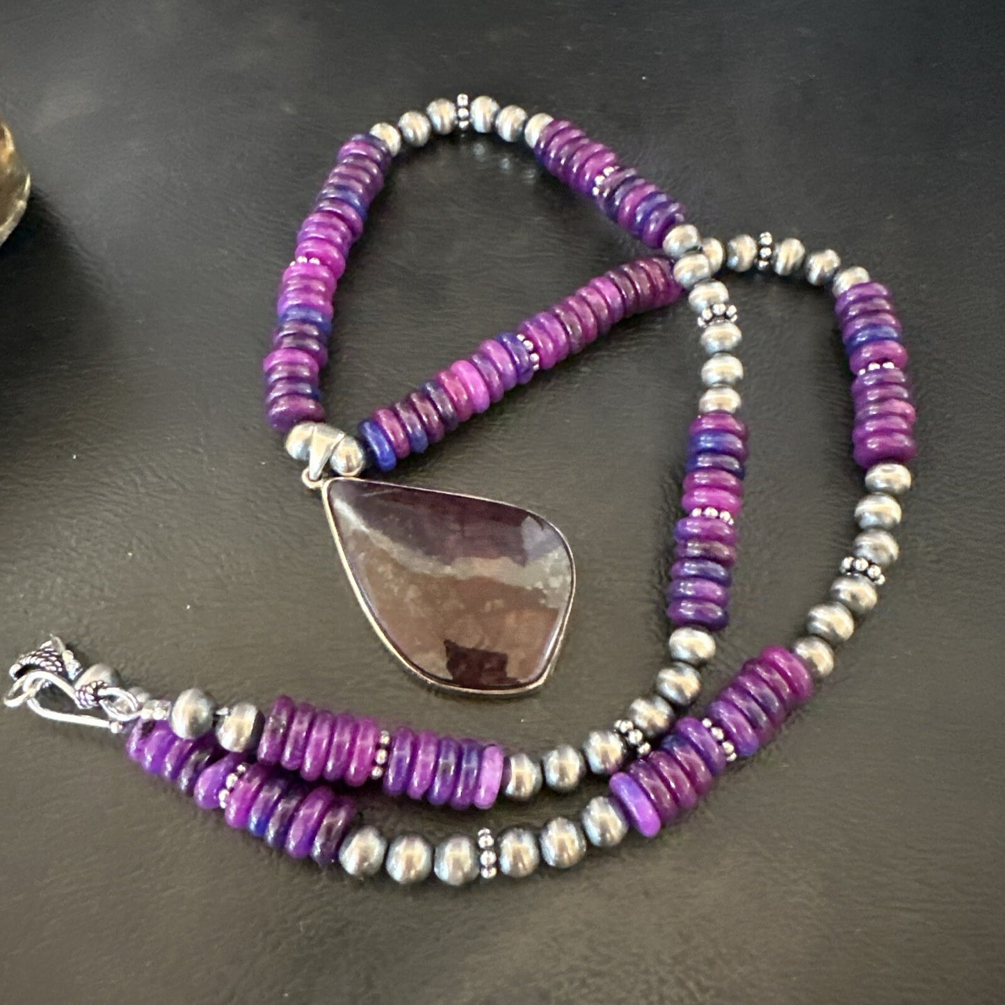 Purple Stone Pendant Navajo Pearls Sterling Silver Necklace 23" 17936