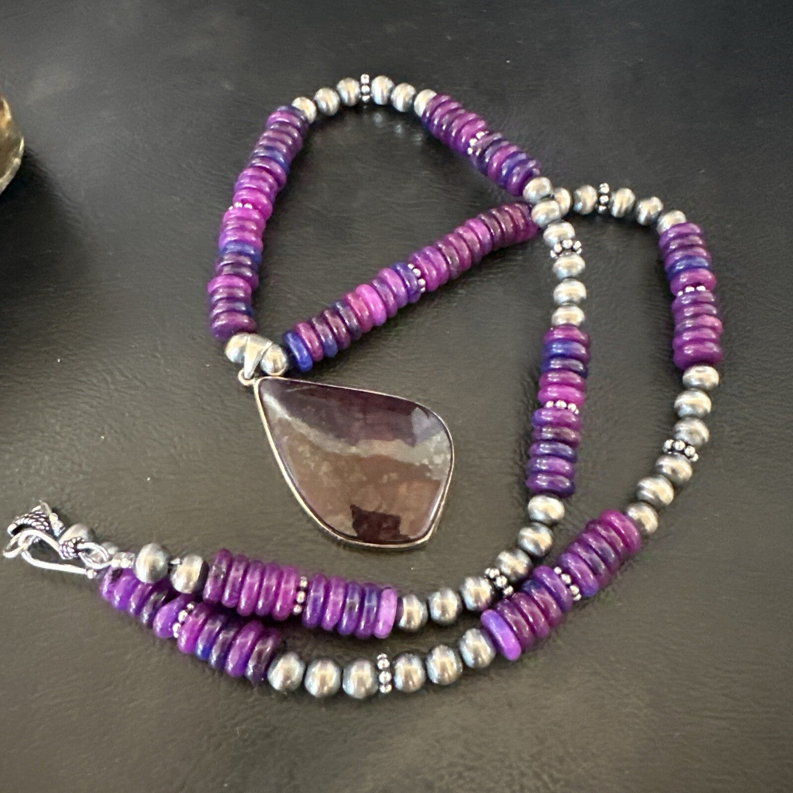 Purple Stone Pendant Navajo Pearls Sterling Silver Necklace 23" 17936
