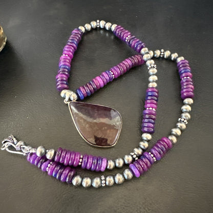 Purple Stone Pendant Navajo Pearls Sterling Silver Necklace 23" 17936