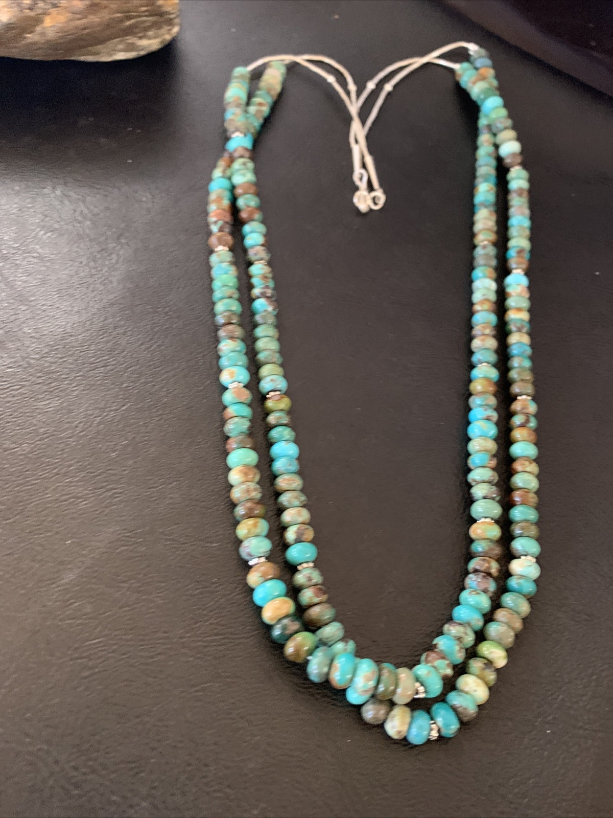 Native Navajo 2 Strands Blue Green Turquoise Sterling Silver Necklace 22" 09473