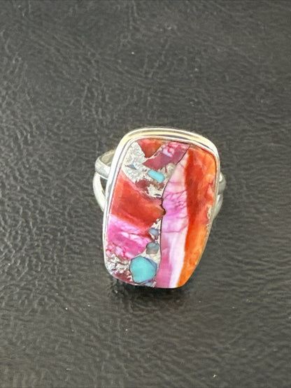 Blue Turquoise Spiny Oyster Southwestern Sterling Silver Ring Size 8 18487