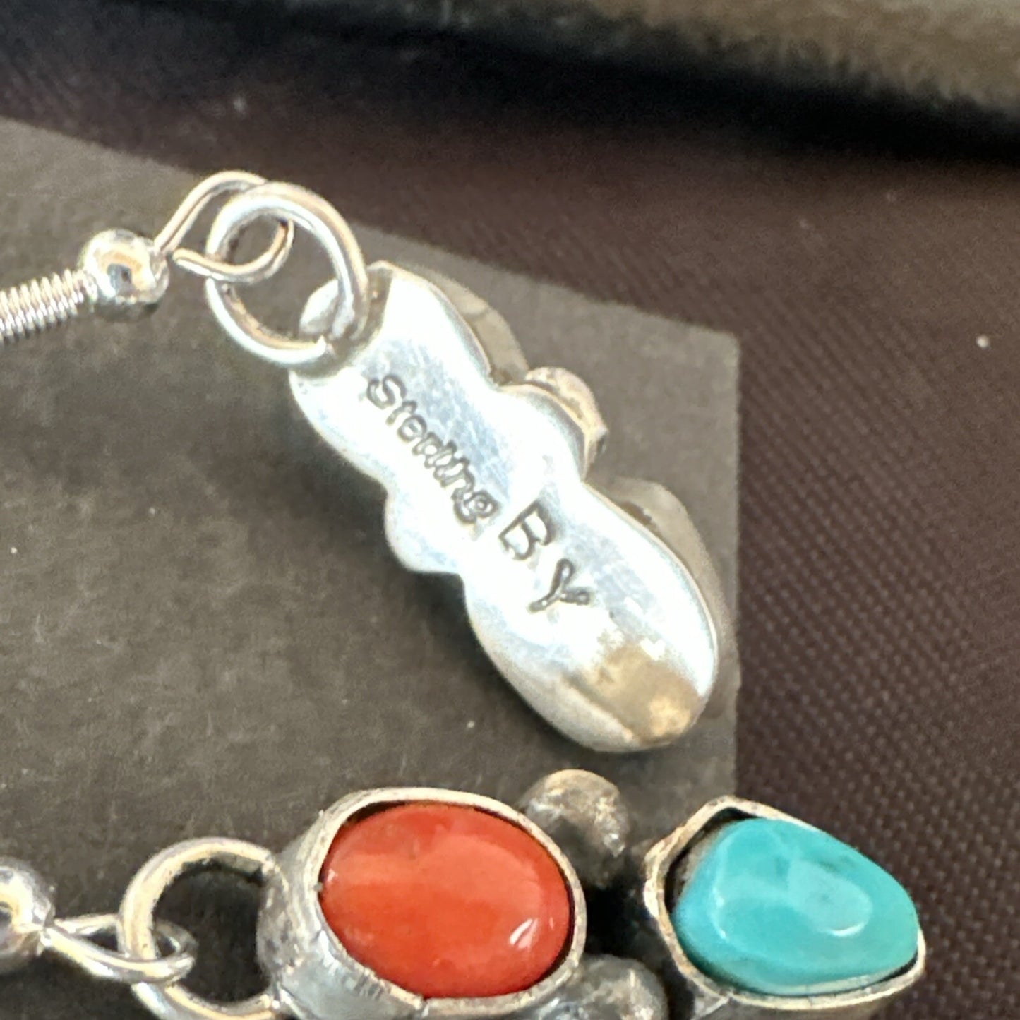 Handmade Blue Turquoise Red Coral Sterling Silver Navajo Dangle Earrings 18842