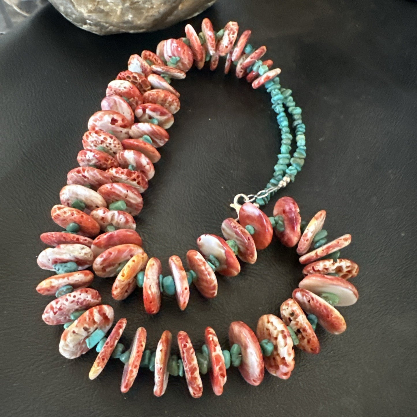 Red Spiny Oyster  Blue Turquoise Navajo Sterling Silver Necklace 28" 19718