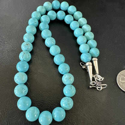 Blue Turquoise 10mm Round Bead Southwestern Sterling Silver Necklace 18” 19402